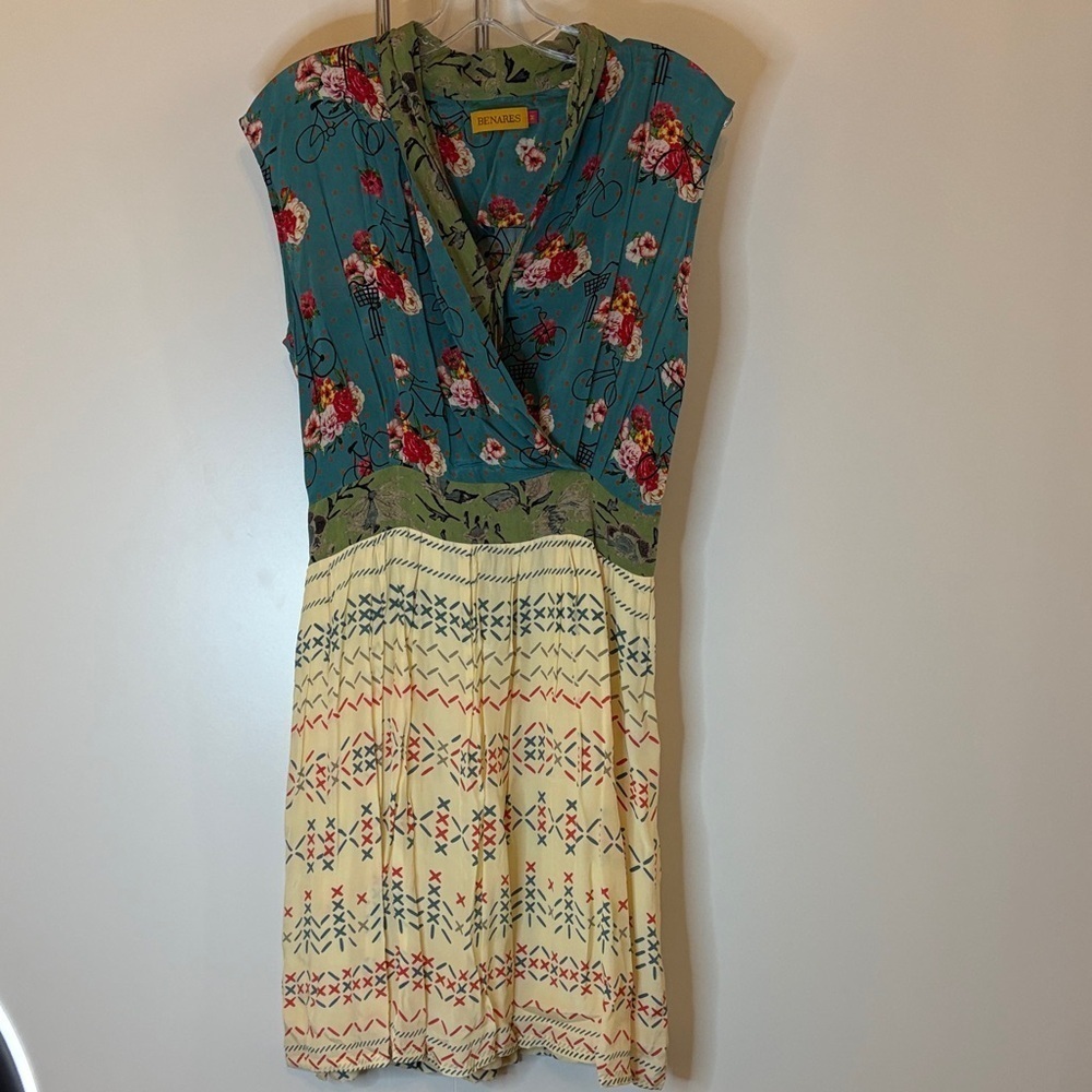 Rare! Benares Floral and Patterned Midi Dress in Blue and Cream | M